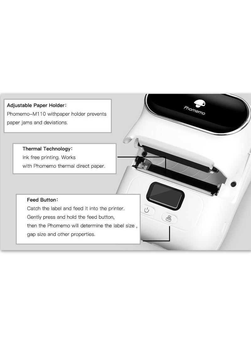 phomemo - Phomemo M110 Portable Thermal Label Printer Bluetooth Connection Apply For Labeling Shipping Office Cable Retail Barcode And More with 1 40×30mm Label Roll White Plus Free Paper - Image 1
