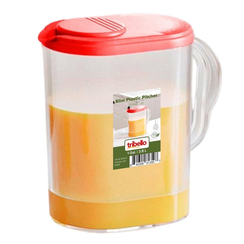 Tribello Pitcher with Lid 1 Gallon Slim Clear Plastic Water Jug with Pivottop Spout Lids Iced Tea Pitcher for Fridge FreezerDishwasher Safe and BPAPhthalate Free
