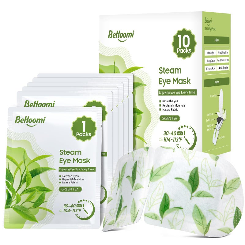 BeHoomi BeHoomi Steam Eye Mask 10 Packs Heated Eye Mask Self Heating Disposable SPA Warm Compress for Eyes Sleep Mask Soothing Moist Heat Eye Masks Travel Essentials  Relaxation Gifts Green Tea Scent 