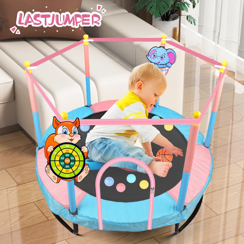 LASTJUMPER 5FT ترامبولين للأطفال داخلي خارجي، ترامبولين صغير للأطفال مع شبكة أمان، حلقة كرة سلة وكرات المحيط، عيد ميلاد للأطفال من 2-10 (أزرق ووردي) - Image 5