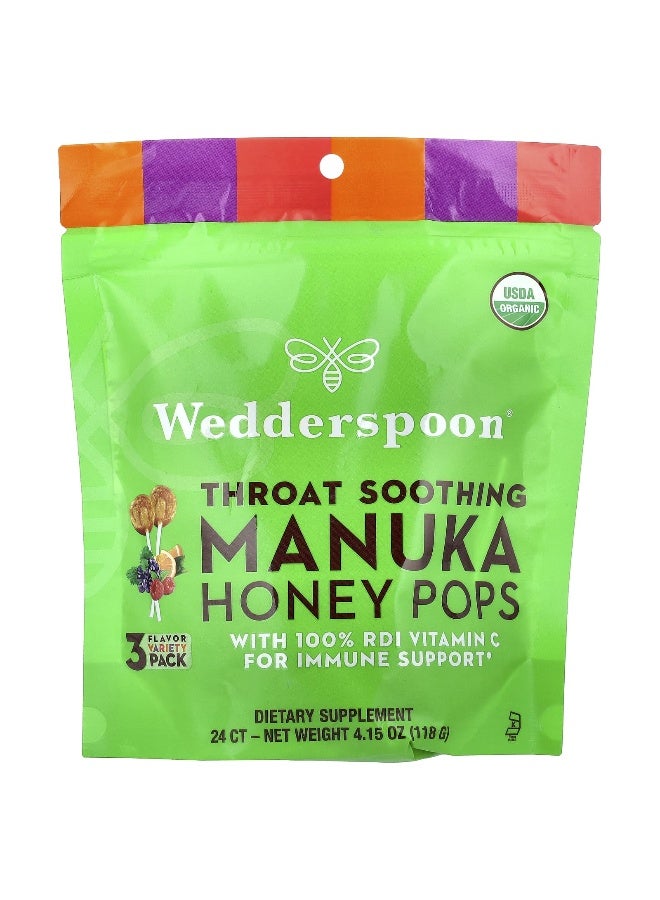 Wedderspoon, Throat Soothing Manuka Honey Pops, 3 Flavor Variety Pack, 24 Count, 4.15 oz (118 g) (Packaging may vary)