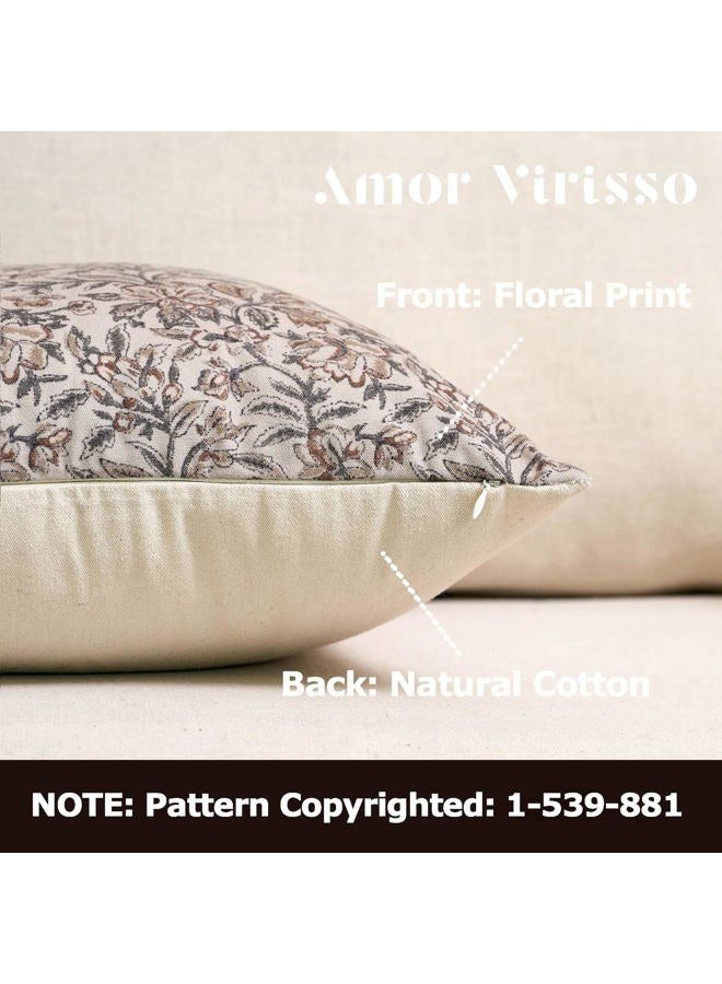 Amor Virisso Floral Throw Pillow Covers 24x24 Set of 2 Vintage Block Print Pillow Covers Decorative Pillow Covers Couch Pillows for Living Room Farmhouse Accent Sofa Pillows, Green/Sand - Image 2