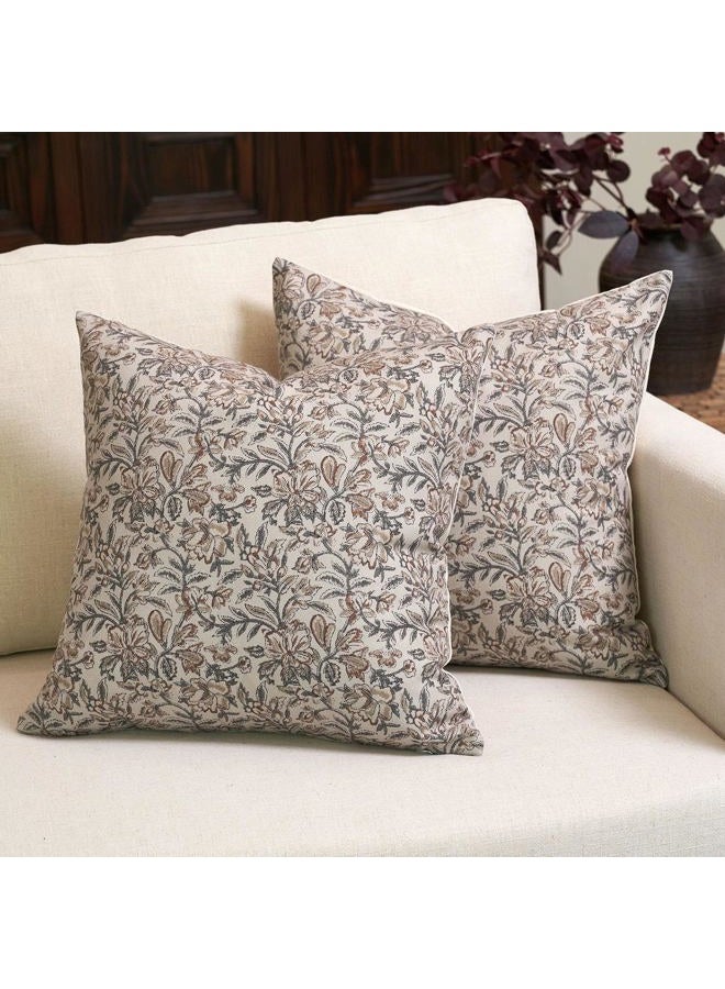 Amor Virisso Floral Throw Pillow Covers 24x24 Set of 2 Vintage Block Print Pillow Covers Decorative Pillow Covers Couch Pillows for Living Room Farmhouse Accent Sofa Pillows, Green/Sand - Image 1