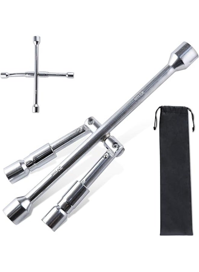 Universal Folding Lug Wrench – 4‑Way Cross Tire Iron, 14‑inch Foldable Sliding Lug Wrench for Cars, Trucks, SUVs & RVs – Socket Sizes 17‑23 mm (11/16"–9/16") - Image 1