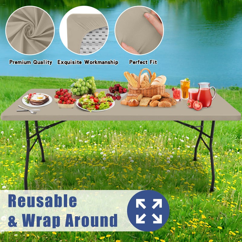 Moosfor Spandex 6 Foot Rectangle Table Cloth, Elastic Fitted Tablecloths for Picnic, Stretch Washable Patio Table Cover for Outdoor, Camping, Banquet and Parties (Taupe, 30"x72") - Image 5