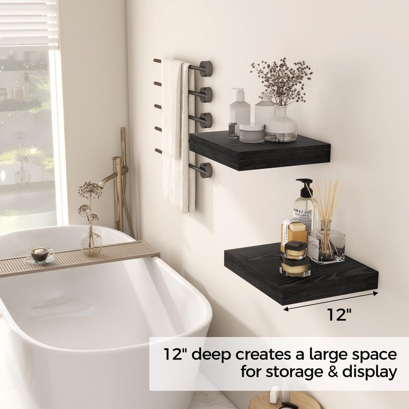 Fun Memories 12 Inch Floating Shelf, Rustic Wood Wall Shelves for Wall Decor & Storage, 12 x 12 Floating Shelf for Living Room, Bathroom, Bedroom, Black, Set of 2 - Image 4