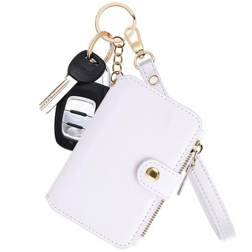 M-Plateau Wallet, Womens card Holder Leather Keychain Wallet With Zipper Coin Pocket ID Window Wrist Strap Gift Box (White) - Image 1