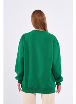mmetalic Green Women's Cotton Oversize Basic Crew Neck Sweatshirt  - Image 3