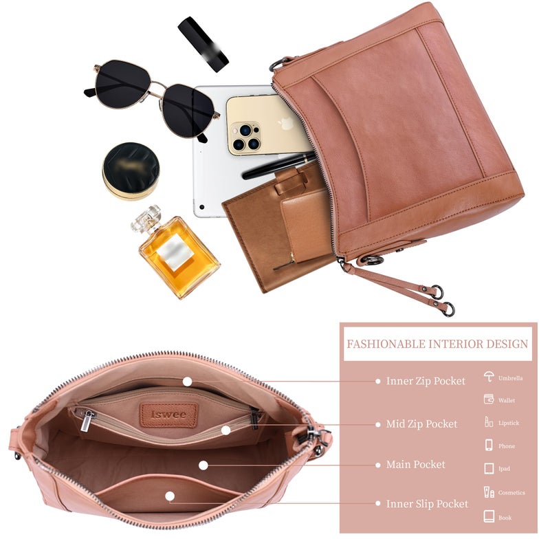 Iswee Leather Crossbody Bags for Women Shoulder Purse Medium Hobo Genuine Leather Satchel Purses and Handbags (Pink) - Image 4