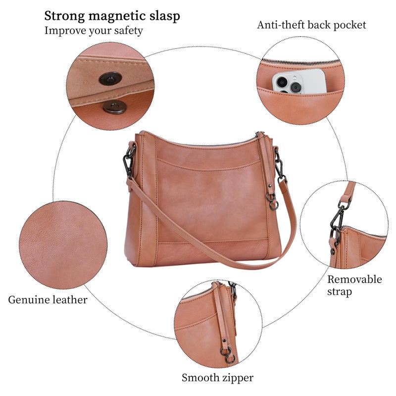 Iswee Leather Crossbody Bags for Women Shoulder Purse Medium Hobo Genuine Leather Satchel Purses and Handbags (Pink) - Image 5