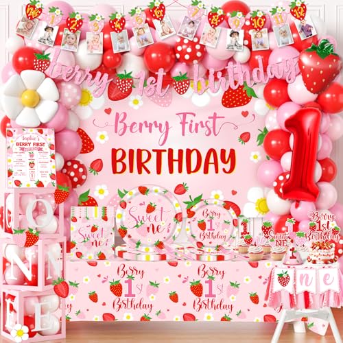 Bezkega Berry First Birthday Decor Strawberry 1st Birthday Decorations Girls With Strawberry Decor Plates Napkins Balloons Strawberry Party Backdrop Banner Cake Toppers for Girl 1st birthday Decorations - Image 1