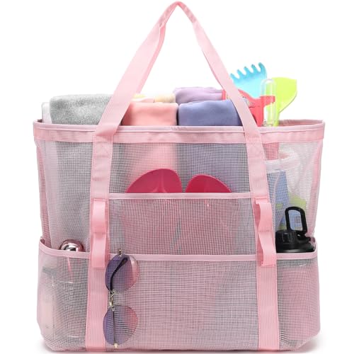 Fammart Mesh Beach Bag, Large Beach Tote with Zipper Pocket for Family Pool Bag for Toys & Vacation Essentials - Image 1