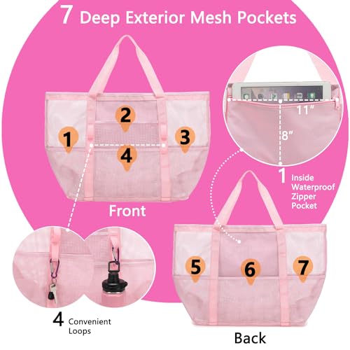 Fammart Mesh Beach Bag, Large Beach Tote with Zipper Pocket for Family Pool Bag for Toys & Vacation Essentials - Image 3