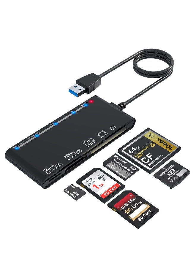 قارئ بطاقات الذاكرة USB 3.0 7 في 1 - محول متعدد البطاقات عالي السرعة بسرعة 5 جيجابت في الثانية لبطاقات SD و SDXC و SDHC و CF و TF و Micro SD و MS و MMC - متوافق مع نظام ويندوز و ماك OS و لينيكس. - Image 1