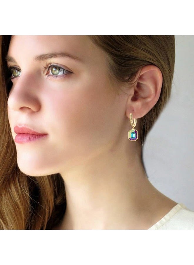 EVEVIC Austrian Crystal Octagon Leverback Drop Earrings for Women 14K Gold Plated Hypoallergenic Jewelry (Aurora Borealis) - Image 2