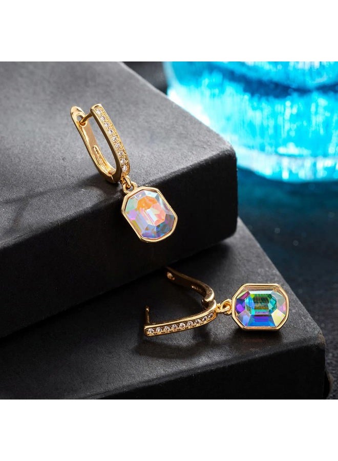 EVEVIC Austrian Crystal Octagon Leverback Drop Earrings for Women 14K Gold Plated Hypoallergenic Jewelry (Aurora Borealis) - Image 3
