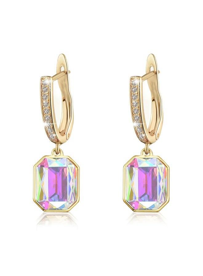 EVEVIC Austrian Crystal Octagon Leverback Drop Earrings for Women 14K Gold Plated Hypoallergenic Jewelry (Aurora Borealis) - Image 1