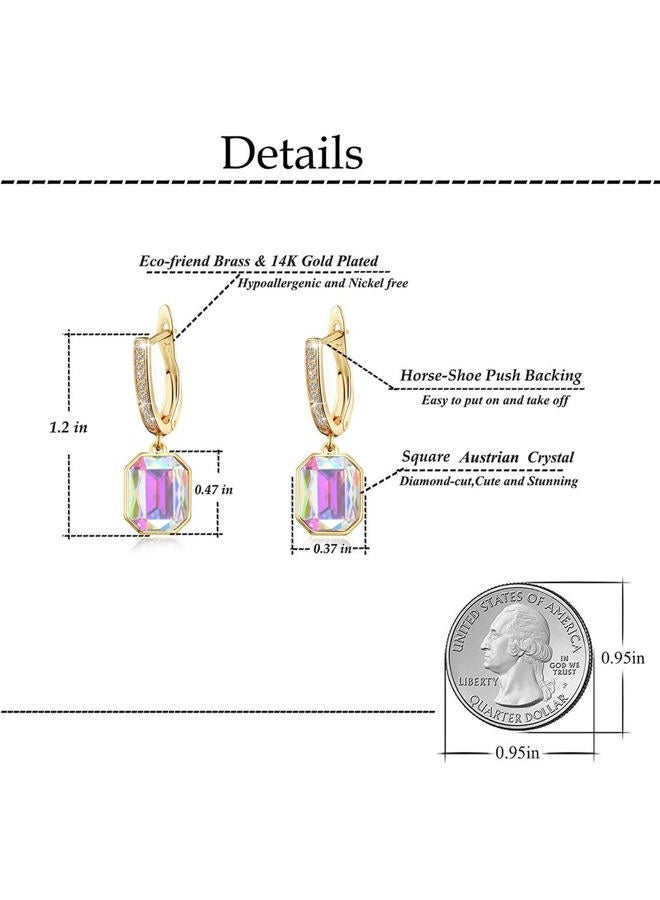 EVEVIC Austrian Crystal Octagon Leverback Drop Earrings for Women 14K Gold Plated Hypoallergenic Jewelry (Aurora Borealis) - Image 4