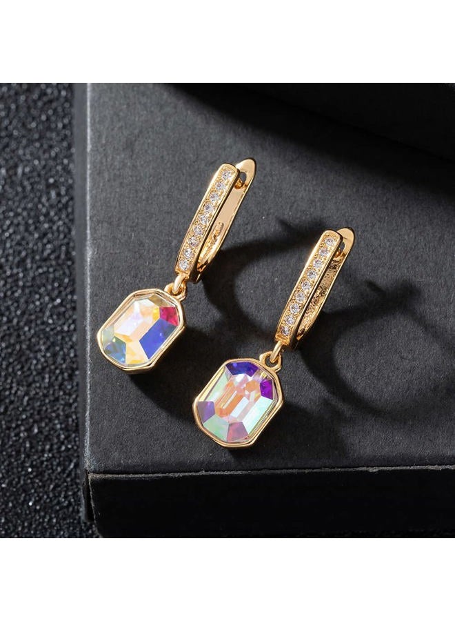 EVEVIC Austrian Crystal Octagon Leverback Drop Earrings for Women 14K Gold Plated Hypoallergenic Jewelry (Aurora Borealis) - Image 5
