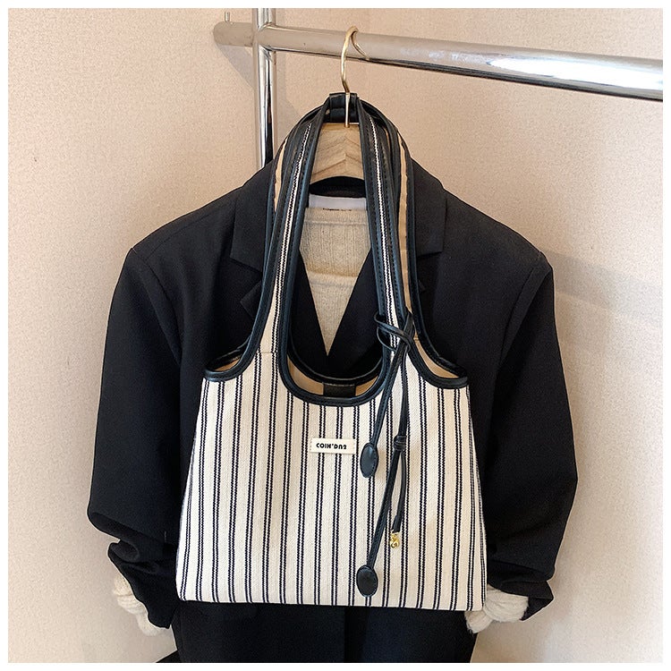 New Large-Capacity Canvas Bag Love Bay Tote Bag Simple Niche Striped Commuting Portable Shoulder Bag For Women - Image 1