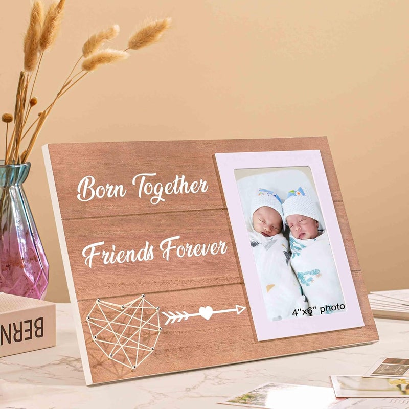 NZY Twin Baby Gifts from New Mom Dad Couple Wooden Handmade Picture Frame for 6"x 4" Photo Nursery Wall Decor Newborn Shower Presents New Twin Baby Gifts Born Together Friends Forever - Image 5