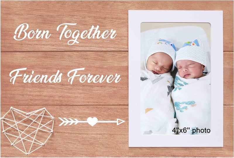 NZY Twin Baby Gifts from New Mom Dad Couple Wooden Handmade Picture Frame for 6"x 4" Photo Nursery Wall Decor Newborn Shower Presents New Twin Baby Gifts Born Together Friends Forever - Image 1