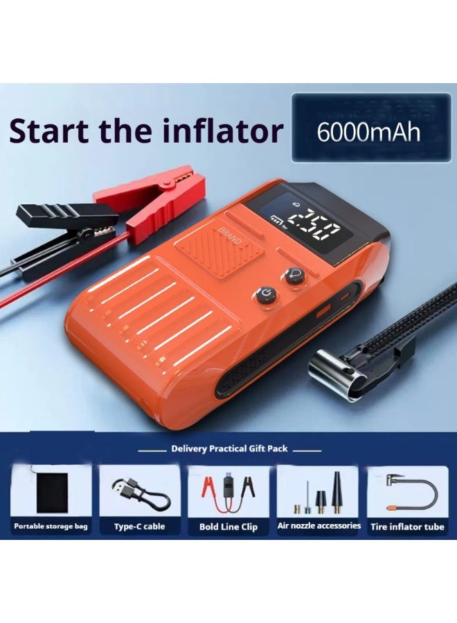 PINREK 6000 mAh All-in-One Jump Starter/Tire Inflation/Night Lighting Battery with Anti-Reverse Polarity Smart Clamp, 150W 14.8V Car Jump Starter Battery Pack for Up to 2.5L Gasoline and 4.0L Diesel Engines, 14.8V Portable Jumper Box, Portable Car and Electric Bicycle Tire Inflator, Car Jump Starter Power Supply (Orange) - Image 1