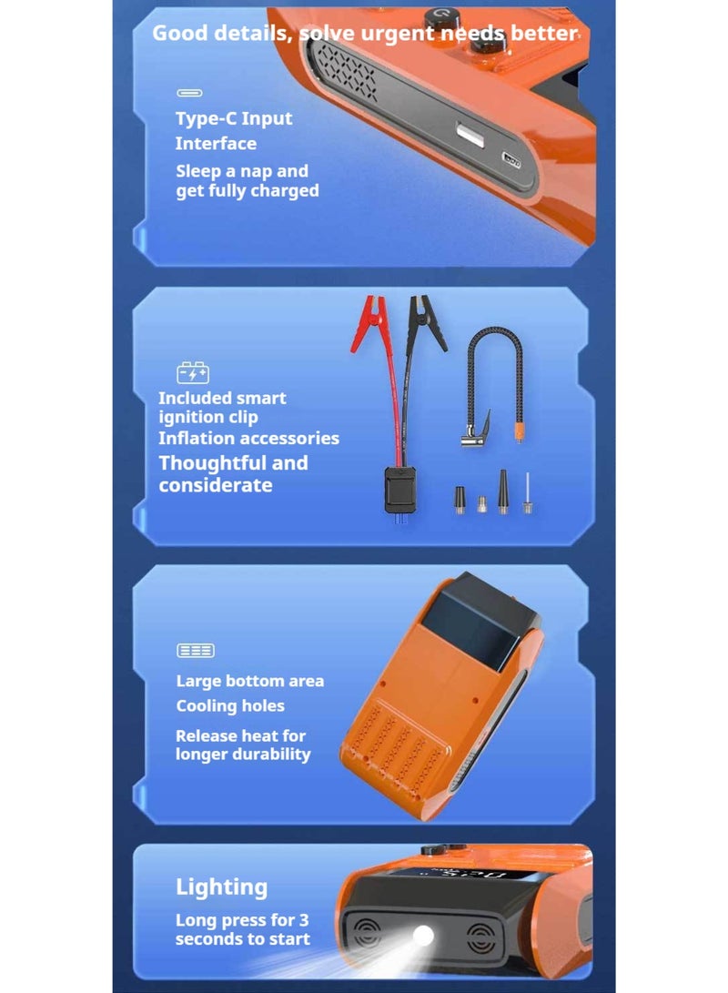 PINREK 6000 mAh All-in-One Jump Starter/Tire Inflation/Night Lighting Battery with Anti-Reverse Polarity Smart Clamp, 150W 14.8V Car Jump Starter Battery Pack for Up to 2.5L Gasoline and 4.0L Diesel Engines, 14.8V Portable Jumper Box, Portable Car and Electric Bicycle Tire Inflator, Car Jump Starter Power Supply (Orange) - Image 4