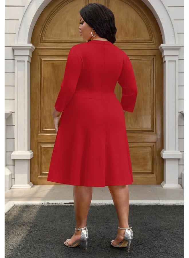 MarryUP Church Dress for Women V Neck 3/4 Sleeve Midi Causal Cocktail Party A-Line Dresses with Pockets, 003-red, L - Image 5
