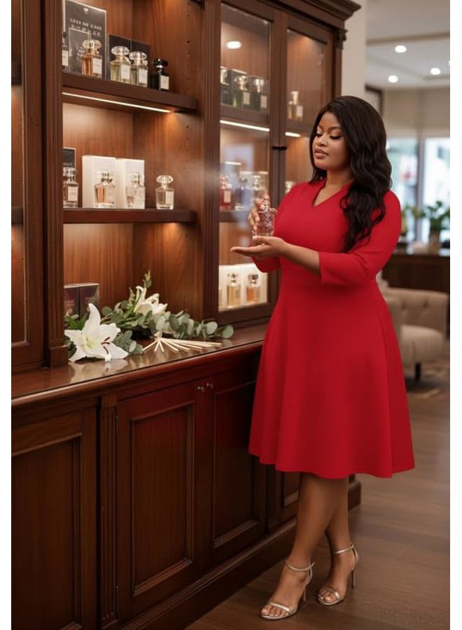 MarryUP Church Dress for Women V Neck 3/4 Sleeve Midi Causal Cocktail Party A-Line Dresses with Pockets, 003-red, L - Image 2