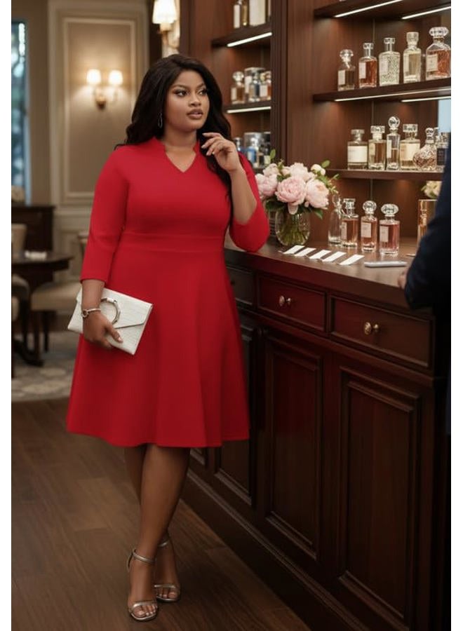 MarryUP Church Dress for Women V Neck 3/4 Sleeve Midi Causal Cocktail Party A-Line Dresses with Pockets, 003-red, L - Image 3