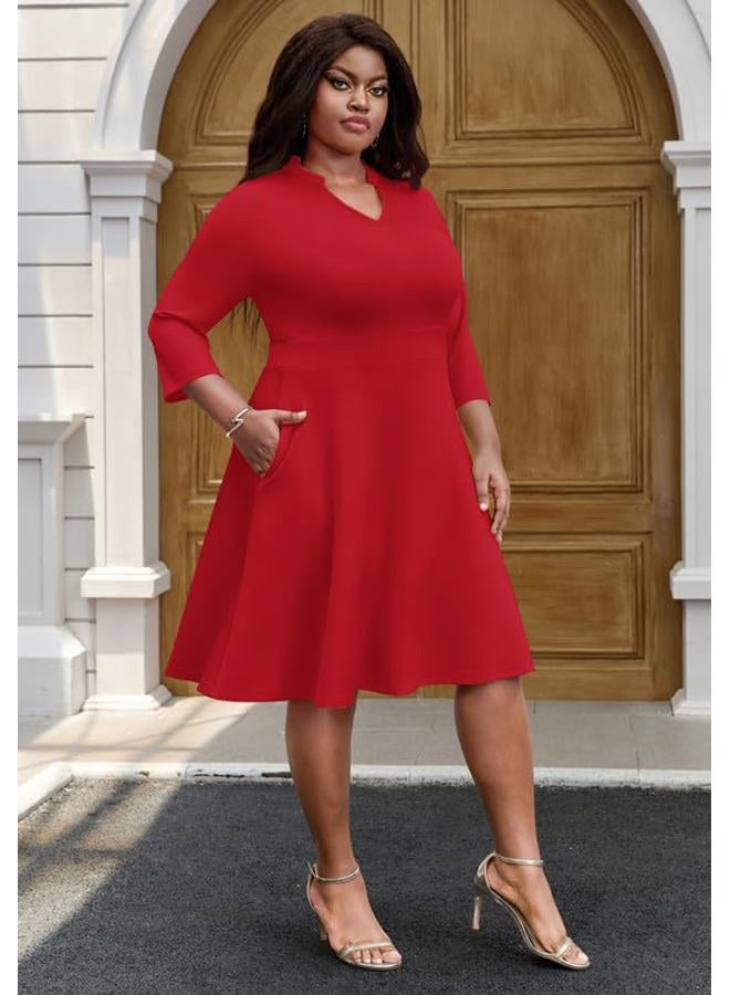 MarryUP Church Dress for Women V Neck 3/4 Sleeve Midi Causal Cocktail Party A-Line Dresses with Pockets, 003-red, L - Image 4