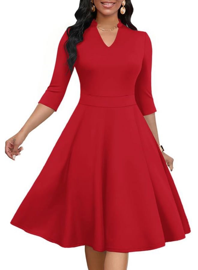 MarryUP Church Dress for Women V Neck 3/4 Sleeve Midi Causal Cocktail Party A-Line Dresses with Pockets, 003-red, L - Image 1