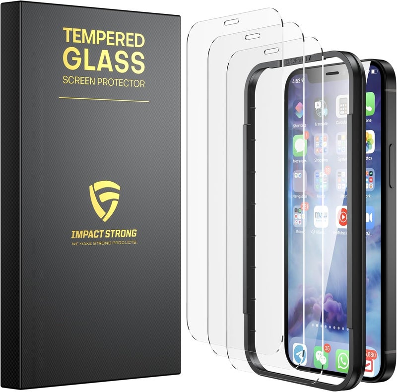 ImpactStrong 3-Pack Shatterproof Tempered Glass Screen Protector for iPhone 12 / iPhone 12 Pro [Easy Installation Frame] [Bubble Free] [9H Hardness] [Full Coverage] Case Friendly, 6.1 Inch - Image 1