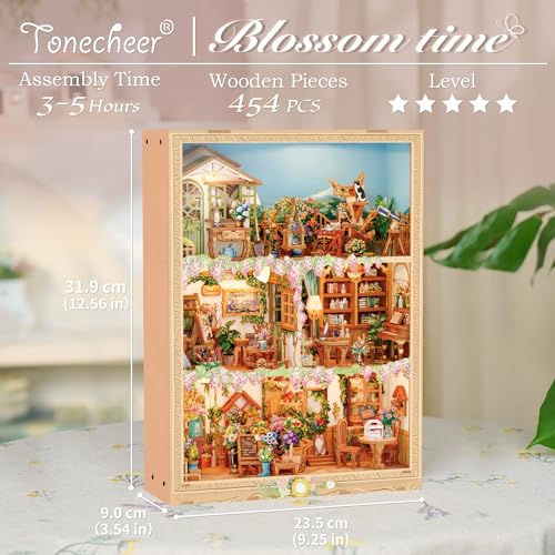 Tonecheer DIY Miniature House Kit Book Nook Dollhouse Story Frame Kit Wooden 3D Puzzle Wall Mountable Decor Diorama Model with Dust Cover and LED for Ideal Gift Blossom Time - Image 5