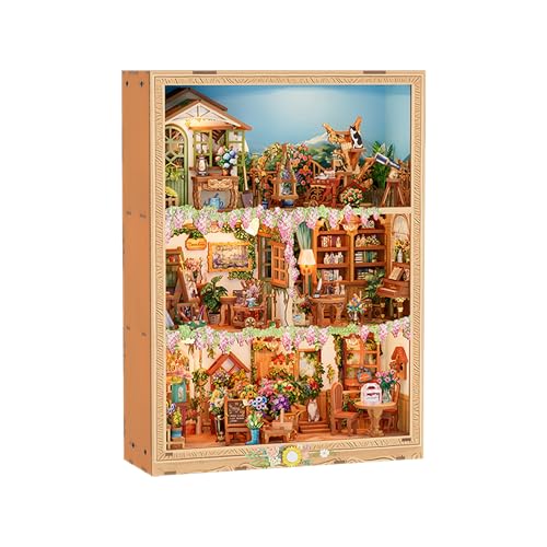 Tonecheer DIY Miniature House Kit Book Nook Dollhouse Story Frame Kit Wooden 3D Puzzle Wall Mountable Decor Diorama Model with Dust Cover and LED for Ideal Gift Blossom Time - Image 1