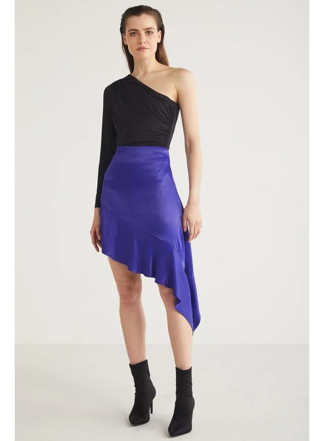 Ethiquet NELLIE Women's Asymmetric Cut Satin Fabric Skirt with Zipper Detail, Chic Purple.