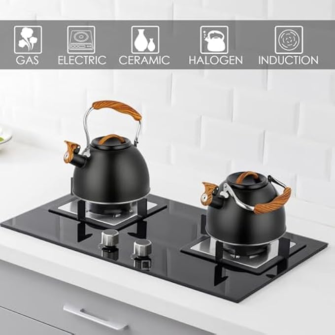 Azonee Whistling Tea Kettle 3 L Stainless Steel Stove Top Kettle For Coffee Tea Milk With Wood Grain Handle And Tall Whistle Retro Style Teapot For Kitchen Gas Stove Induction Cooker - Image 2