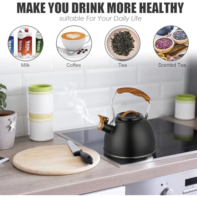 Azonee Whistling Tea Kettle 3 L Stainless Steel Stove Top Kettle For Coffee Tea Milk With Wood Grain Handle And Tall Whistle Retro Style Teapot For Kitchen Gas Stove Induction Cooker - Image 4