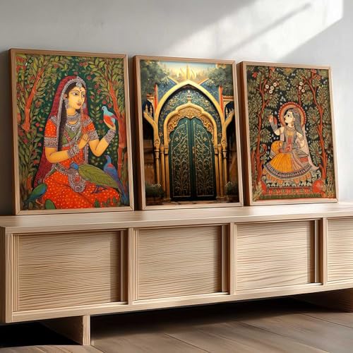 kotart Traditional Wall Art Painting With Frame | Madhubani Paintings Home Decoration For Living Room Bed Room Hotel Wall Decor Digital Reprint Set of 3 (13X17 inch) - Image 1