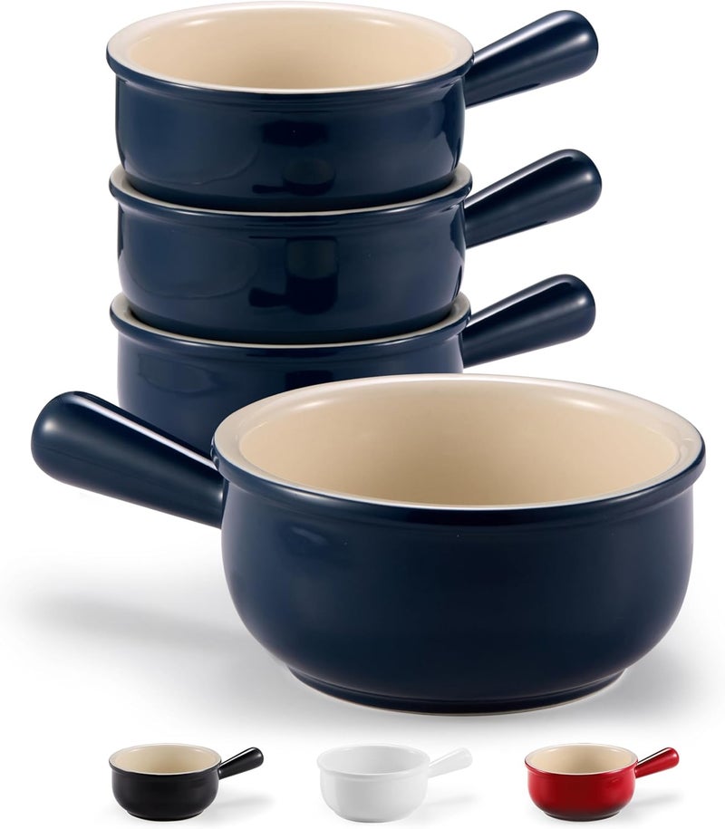 Kook French Onion Soup Bowls, French Onion Soup Crocks, Soup Bowl with Handles, 15 oz, Set of 4, Ceramic Bowls, Microwave, Dishwasher Safe & Oven safe, Stoneware,(Navy) - Image 1