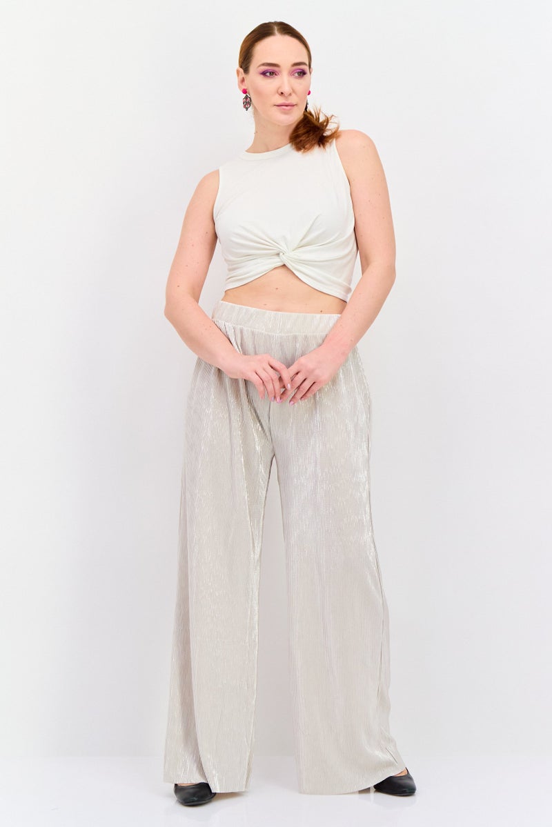 DEX Women Pleated Metallic Wide Leg Pants, Silver - Image 2