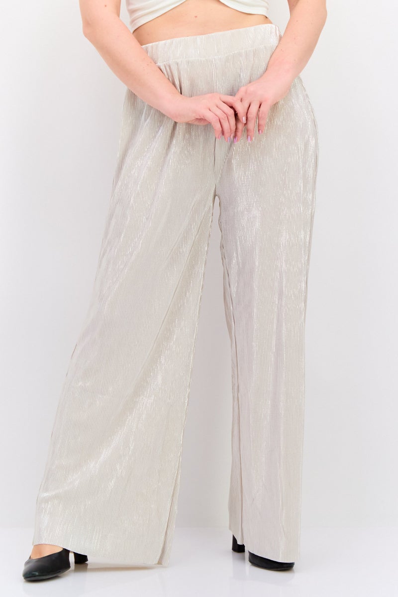 DEX Women Pleated Metallic Wide Leg Pants, Silver - Image 1