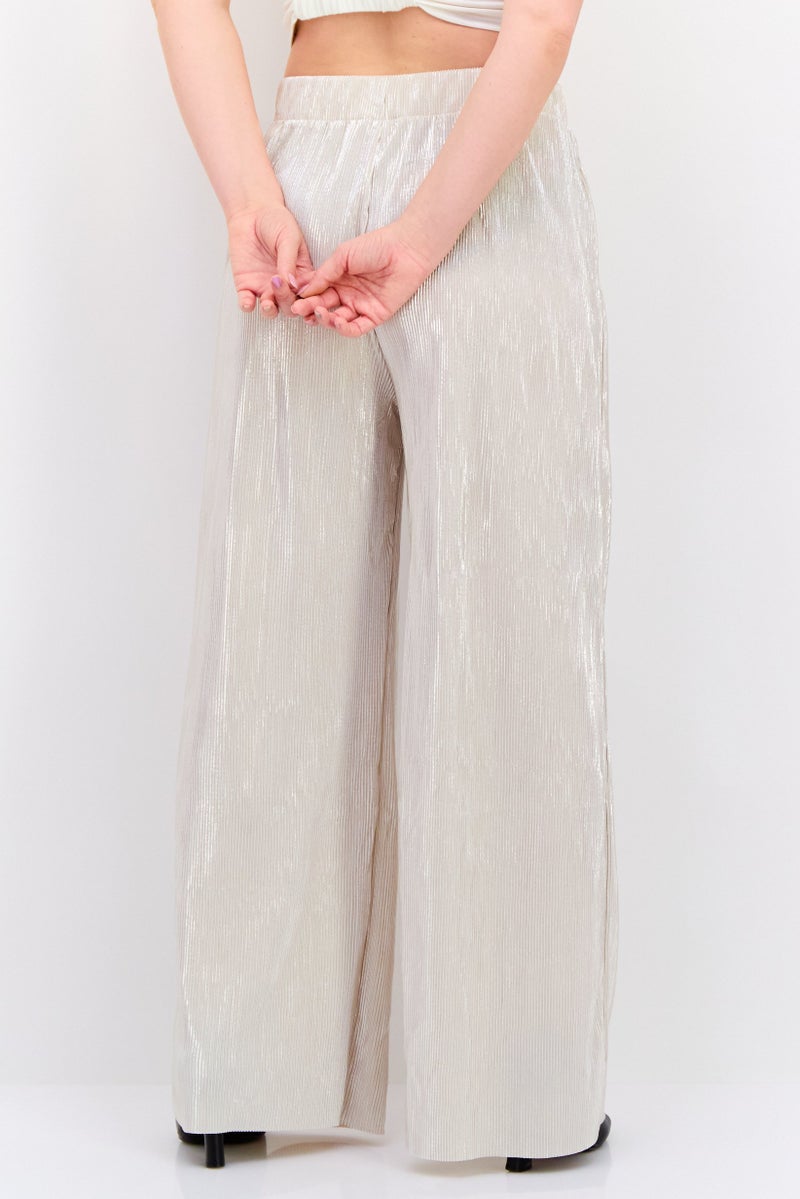 DEX Women Pleated Metallic Wide Leg Pants, Silver - Image 3