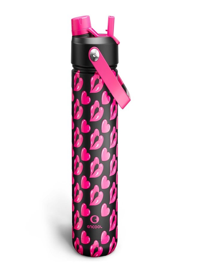ENCOOL Insulated Water Bottle with Straw Stainless Steel Water Bottle, Leak-Proof, BPA-Free, Double Wall Vacuum Keeps Cold for 24 Hours for Sports, Travel, School (26 oz, Kiss Love Pink x Black) - Image 1