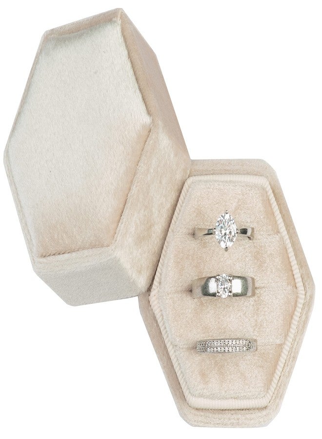 Giftop Equal Hexagon Velvet Ring Box Storage 3 Slots for Wedding Ceremony Proposal Engagement Birthday (Beige) - Image 1