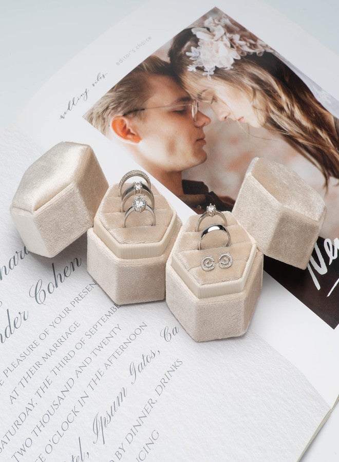 Giftop Equal Hexagon Velvet Ring Box Storage 3 Slots for Wedding Ceremony Proposal Engagement Birthday (Beige) - Image 4