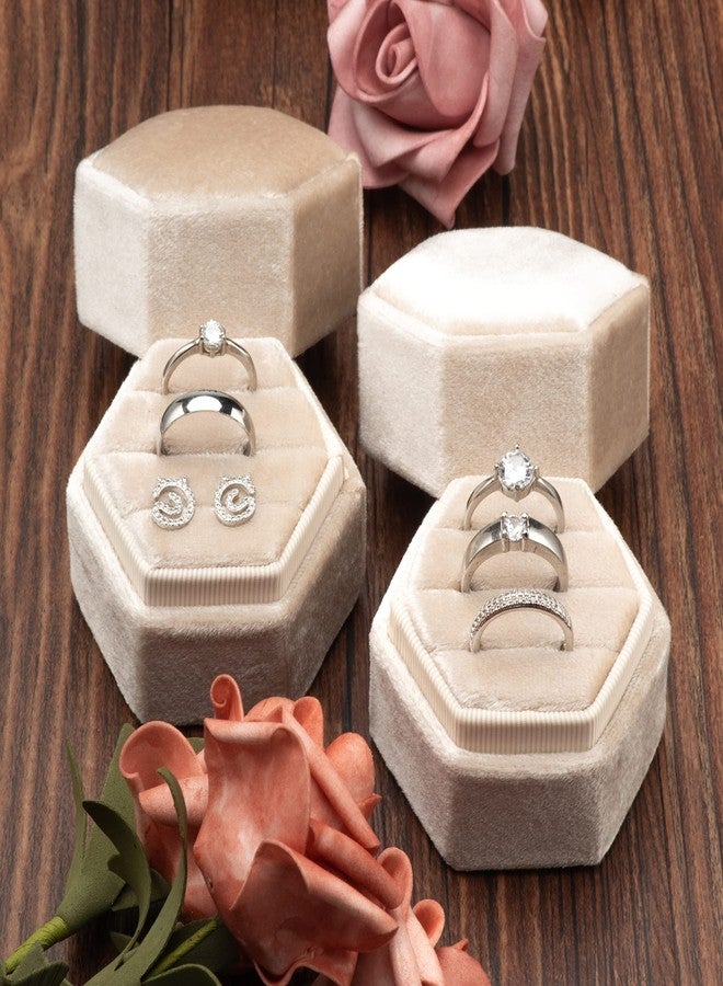 Giftop Equal Hexagon Velvet Ring Box Storage 3 Slots for Wedding Ceremony Proposal Engagement Birthday (Beige) - Image 5