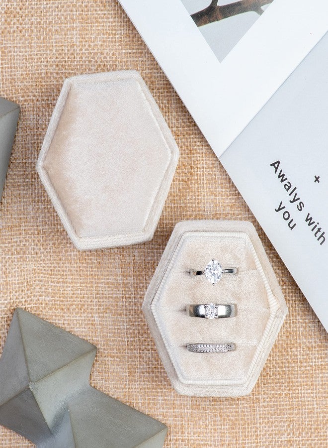 Giftop Equal Hexagon Velvet Ring Box Storage 3 Slots for Wedding Ceremony Proposal Engagement Birthday (Beige) - Image 3