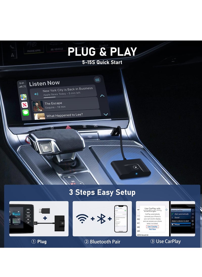 CarPlay Wireless Adapter for Factory Wired CarPlay 2023 Upgrade Plug & Play Wireless CarPlay Dongle Converts Wired to Wireless Fast and Easy Use Compatible with Cars from 2015 & iPhone iOS 10+